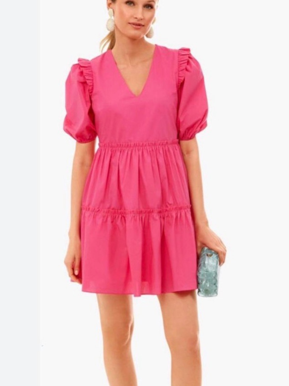 Hyacinth House XS Bright Pink V-Neck Puff Sleeve Tiered Mini Dress